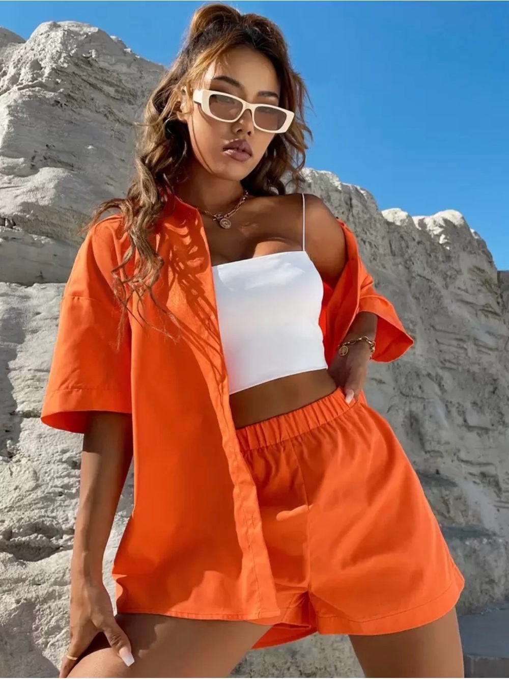 SHEIN Orange Two-Piece Shorts Set - Size Medium